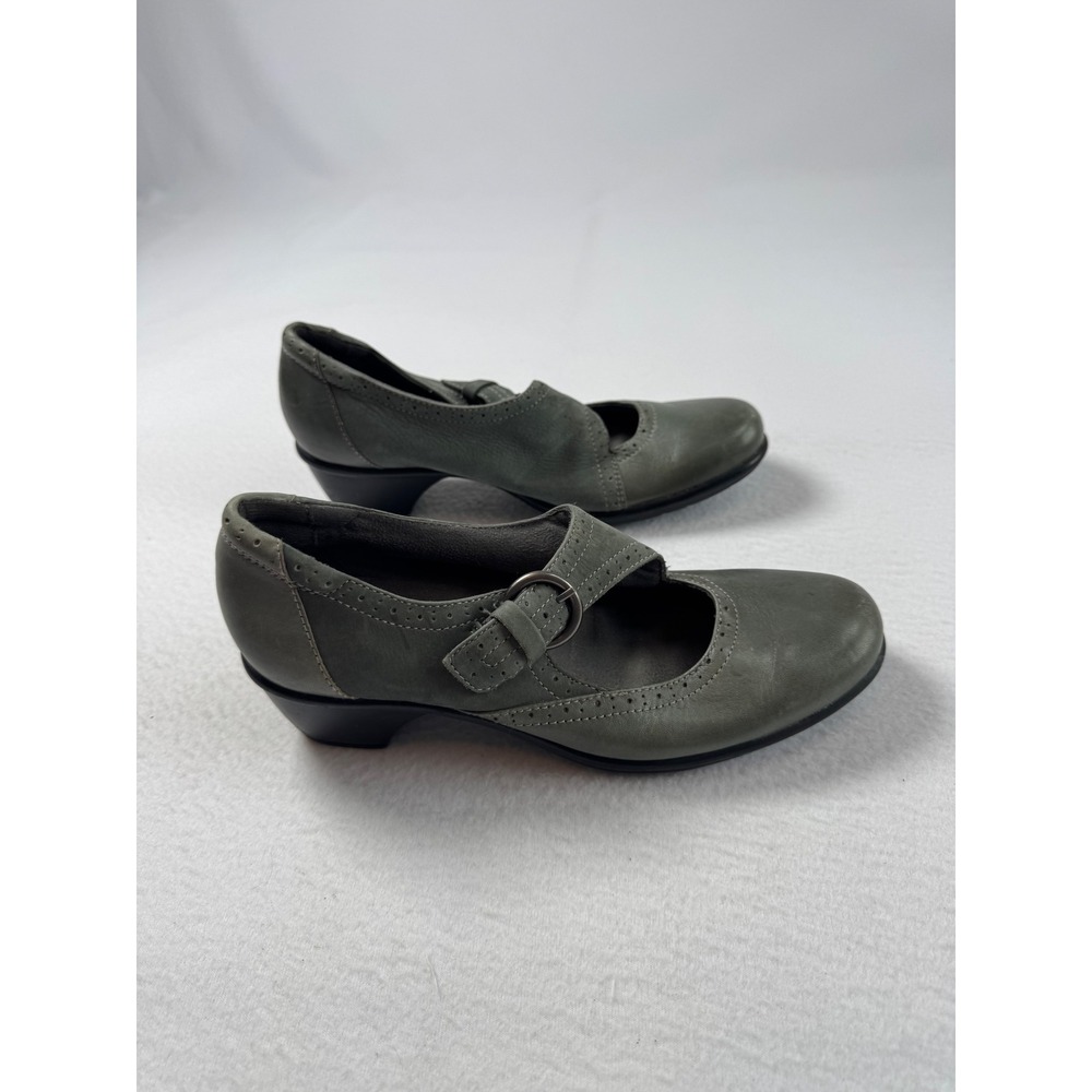Dark Academia Clarks Womens 8.5 Mary Jane Grey Leather Brogue Block Heel 39346 - Picture 9 of 12